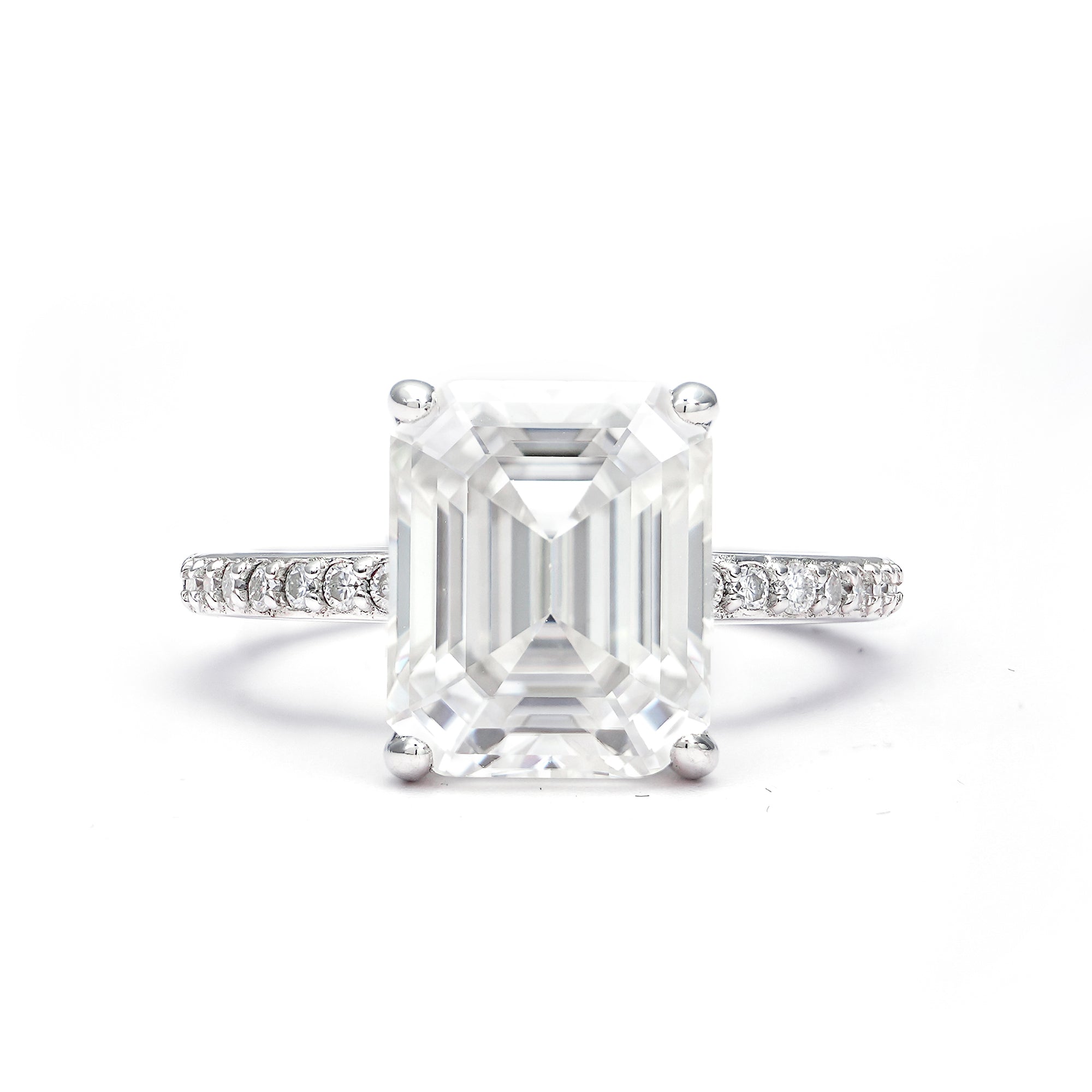 Adorned Emerald Cut Moissanite Ring in Sterling Silver