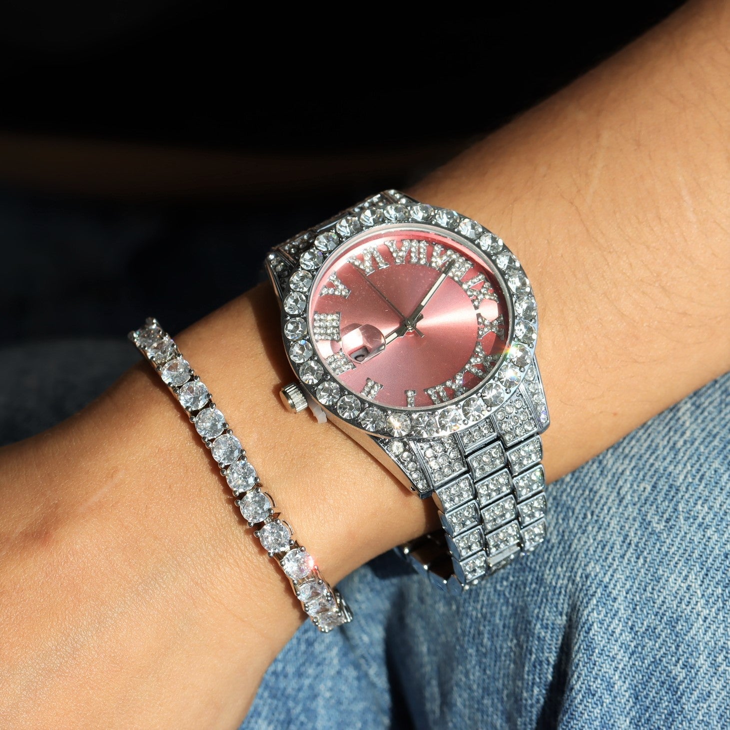 Women's Iced Watch with Roman Numerals Pink Dial