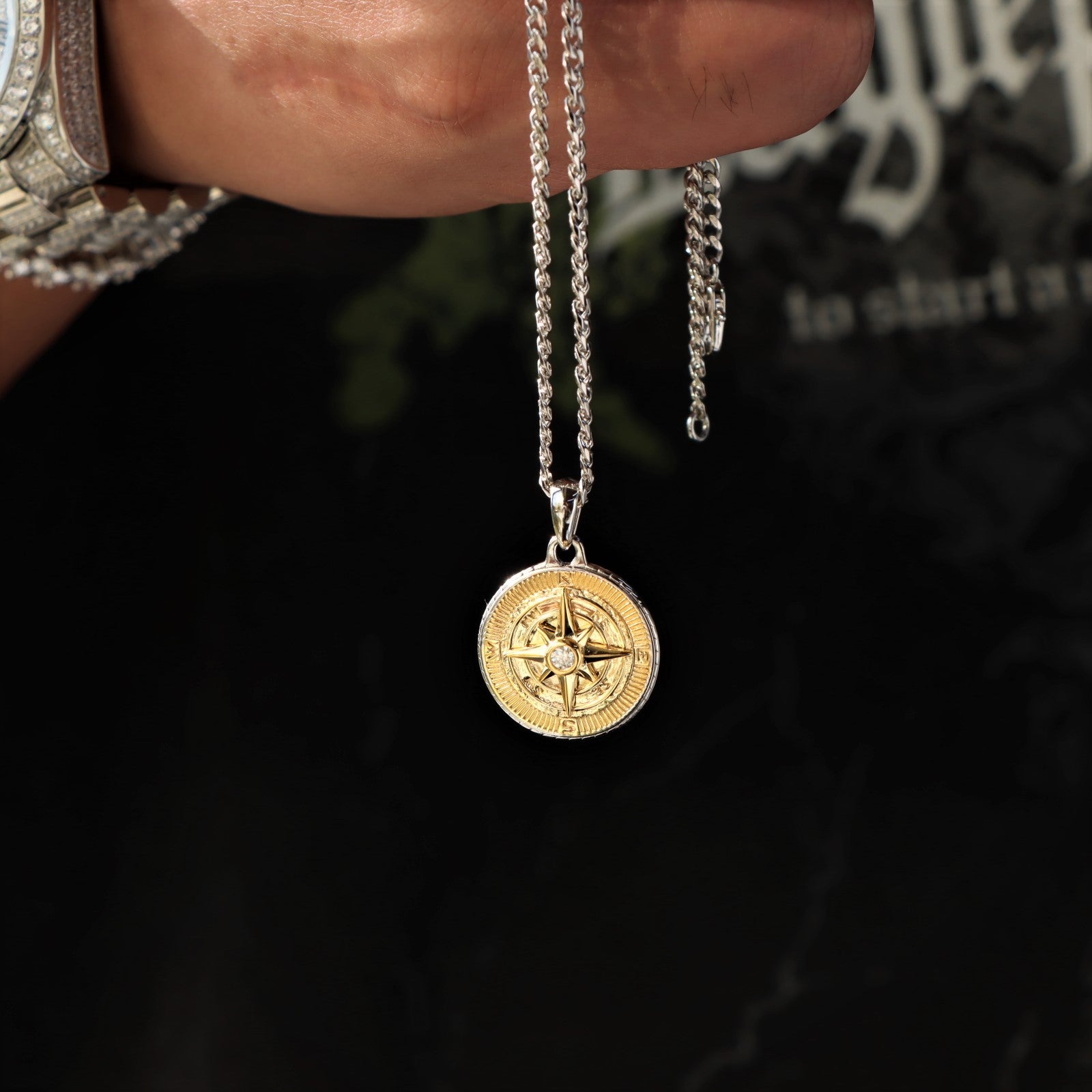 Two Tone Compass Pendant in Sterling Silver with Center Moissanite