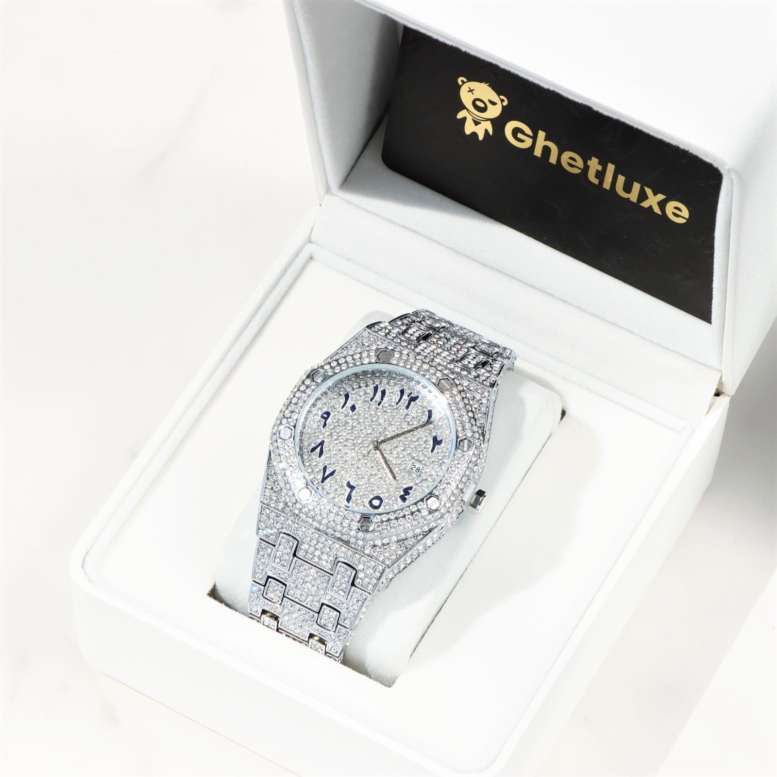 44mm Arabic Dial Full Iced Watch in White Gold