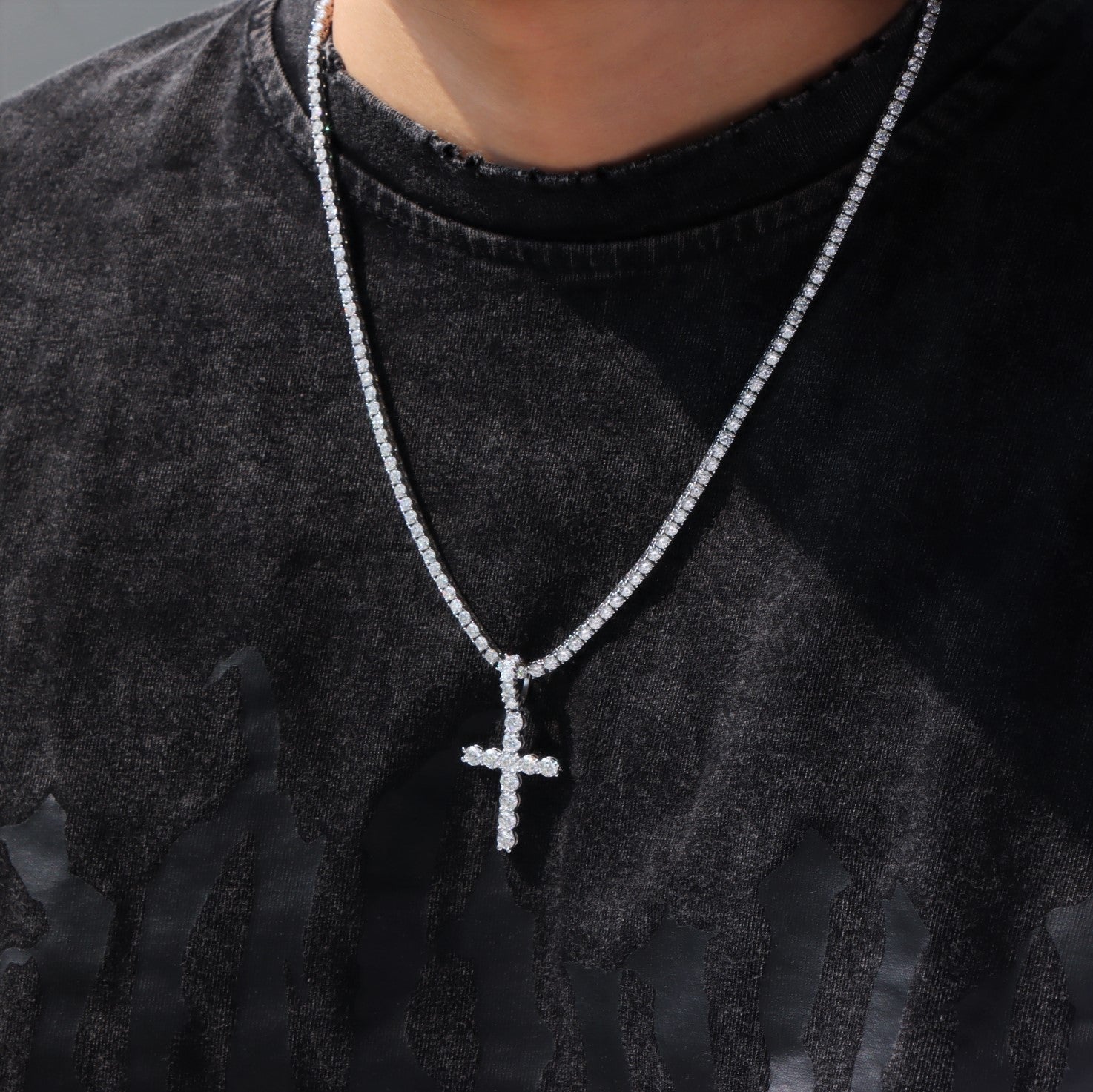 Moissanite Diamond Cross Pendant in White Vermeil