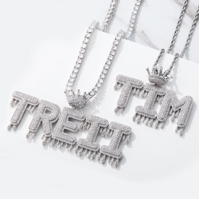 Custom Initial Pendant II- Iced out Crown Water Drip Letters